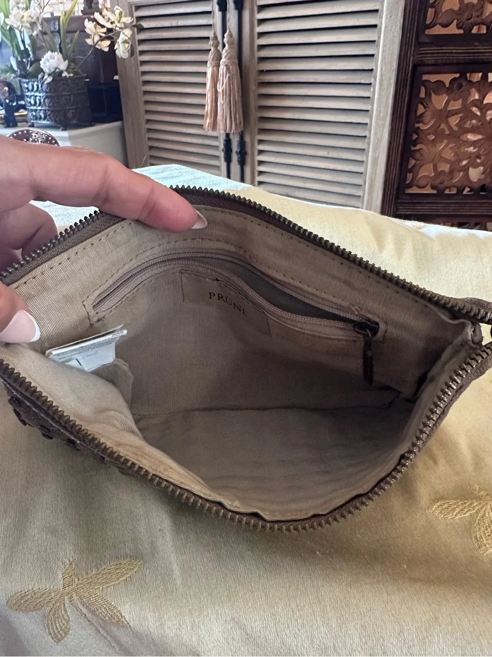 Prune, Handmade in Argentina Brown & Tan Suede & Stud Wristlet Wallet / Bag.